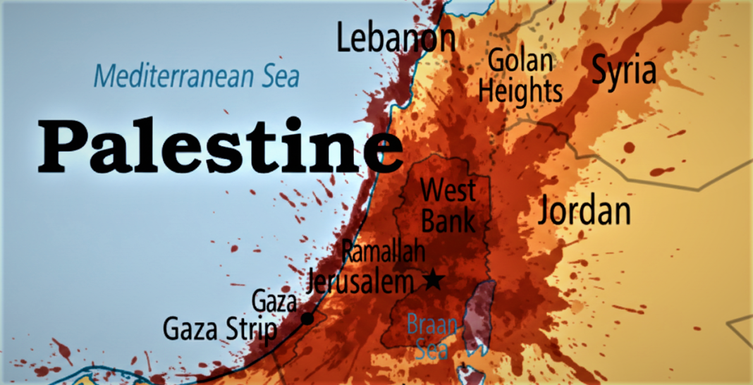 ফিলিস্তিনের রক্তাক্ত মানচিত্র, একটি প্রতীকি ছবি।