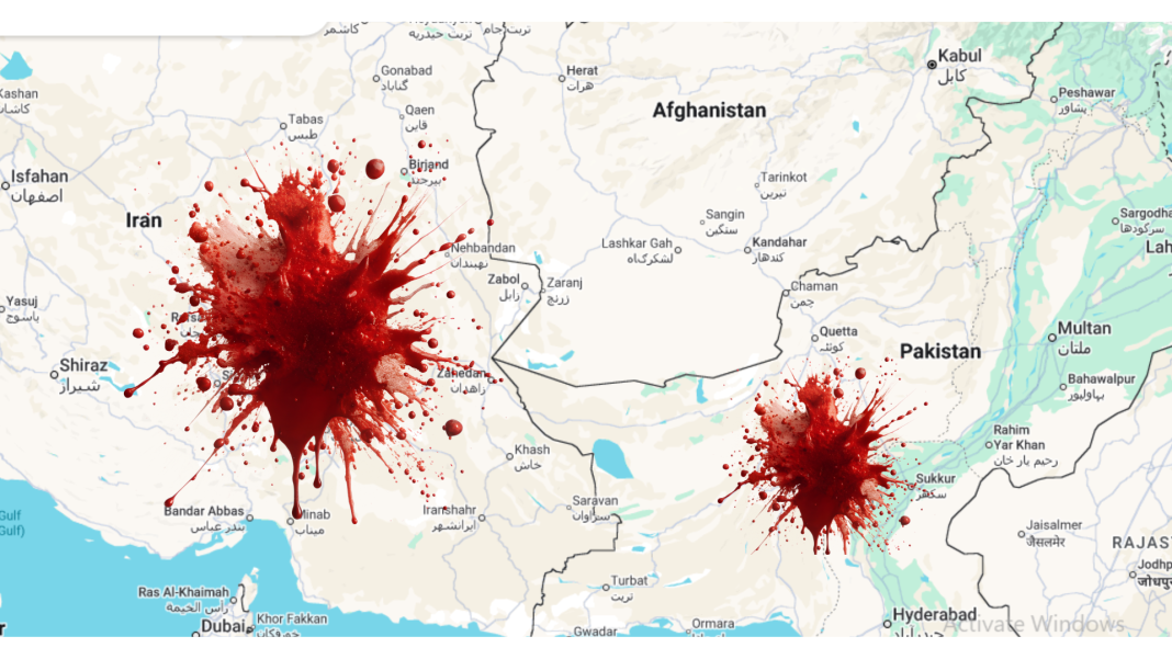 ইরান ও পাকিস্তানের রক্তাক্ত মানচিত্র।