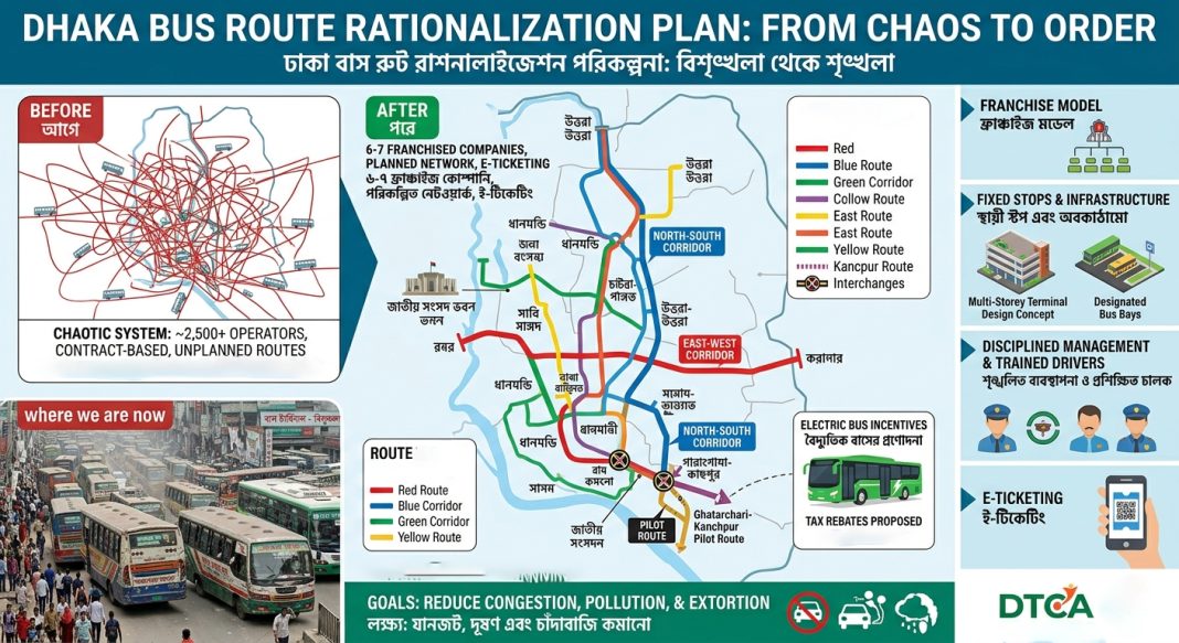 An informative infographic--from Chaos to Order. The graphic shows a Before map with a tangled mess of red lines representing 2,500+ unplanned bus routes, contrasted with an After map showing a clean, color-coded network of 6-7 franchised corridors. Additional panels illustrate the transition to disciplined management, multi-storey terminals, designated bus bays, e-ticketing via smartphones, and the proposed introduction of green electric buses with tax incentives.