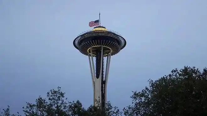 U.S. flag at half-staff on Seattle's Space Needle after the Bite of Seattle festival shooting