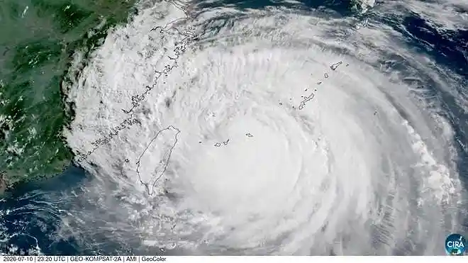 স্যাটেলাইট ছবিতে টাইফুন বাভির ভয়াল রূপ Satellite image shows Typhoon Bavi reaching Japan’s Ryukyu Islands on July 10, 2026