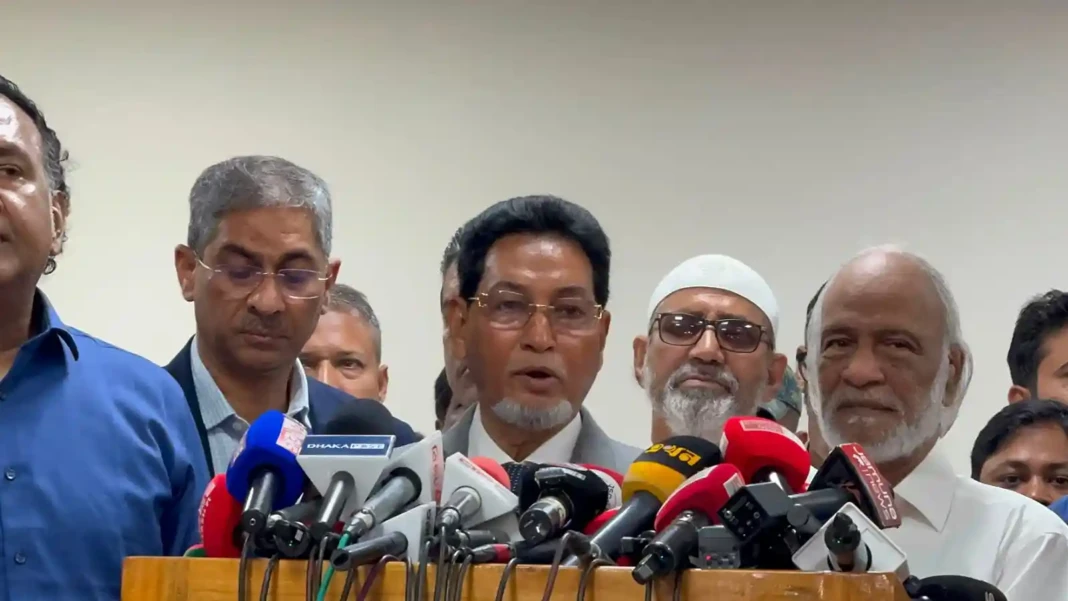 Chief Whip M. Nurul Islam is holding a press briefing