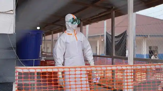 A health worker in protective gear at an Ebola treatment centre in Bunia, Congo, on August 10, 2026