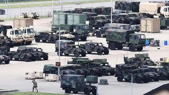 U.S. military vehicles at Camp Humphreys in Pyeongtaek, South Korea, on August 19, 2026.
