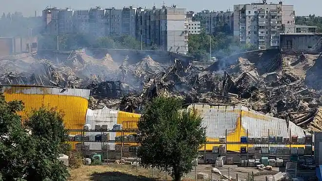 A burnt-out hypermarket after an overnight Ukrainian drone strike in Donetsk, Ukraine, on August 16, 2026.