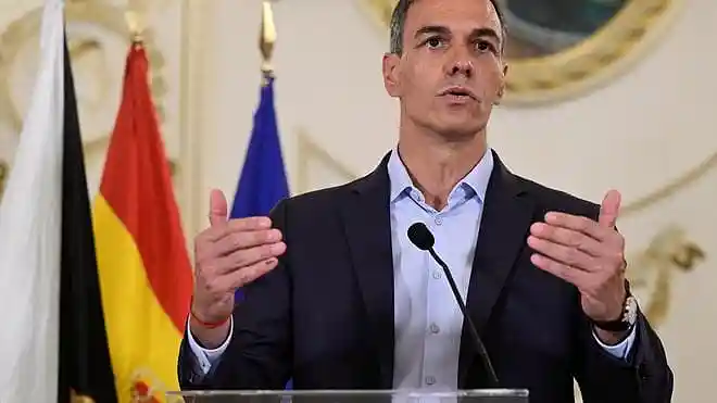 Spanish Prime Minister Pedro Sánchez speaks in Ceuta, Spain, following the mass crossing of migrants from Morocco into the Spanish enclave on July 31, 2026.